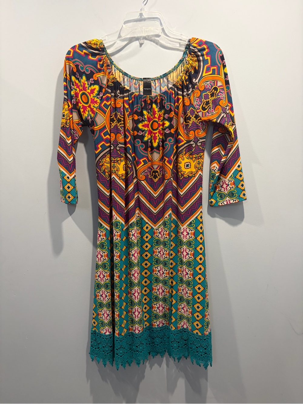 Honeyme Boho Multicolored Patterned Off-The-Shoulder Tunic Dress Sz S